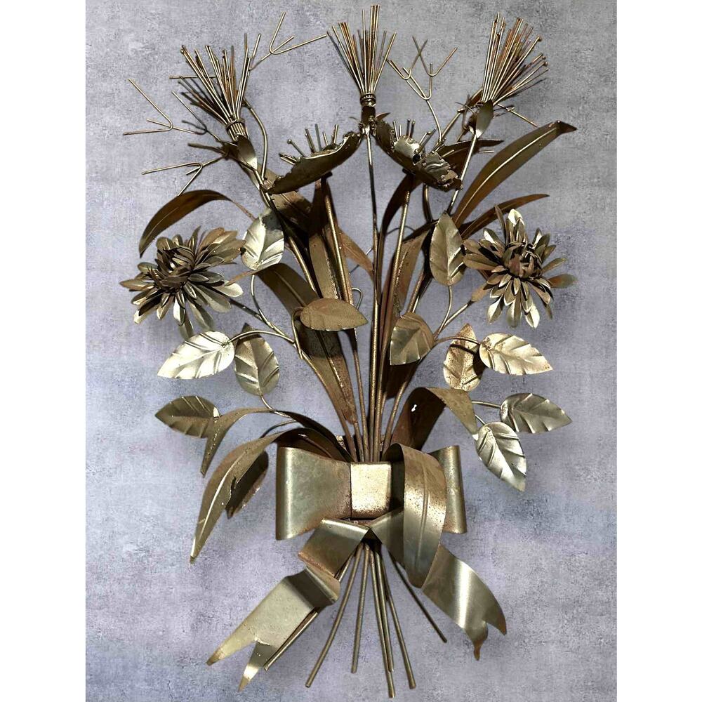 Enesco Imports MCM Metal Art Flowers Leaves Bow Cluster Gold Floral Dated 1976
